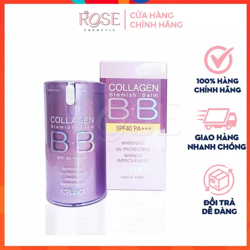 Kem Nền BB Collagen CELLIO Tím Hàn Quốc Cream Collagen Blemish Balm BB Spf 40 Pa+++ Tone sáng chống nhăn chống lão hóa