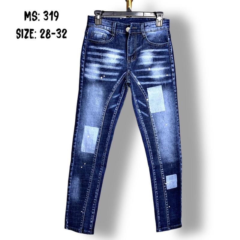 Mẫu quần jean nam dài 2 đáy nối thân trước đê quyy, tông màu xanh wash viền, rách lót vẩy sơn, chất liệu cotton dày dặn Co Giãn tốt 4c