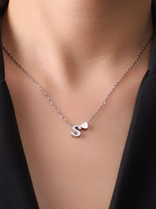 Fashion Letter & Heart Necklace As Gift Ideas, Stainless Steel Dainty Matching Necklace for Women, 2024 Newfashion All-match Vintage Jewelry for Girlfriend, Valentine's Day, Gift handmade  necklace 3