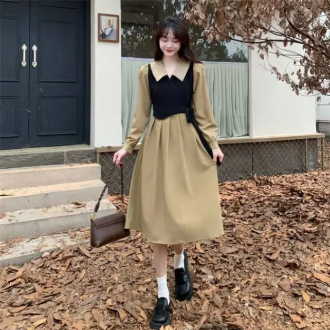 Factory Direct Sales French Style Long Sleeve Polo Dress Fake Two Pieces Dress Women's Spring and Autumn New plus Size Waist Trimming Slim Hepburn Style Dress