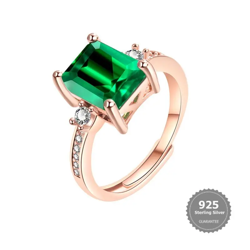 S925 Silver New 18K Rose Gold Green Tourmaline Ring Inlaid Emerald Colored Gems Open Ring