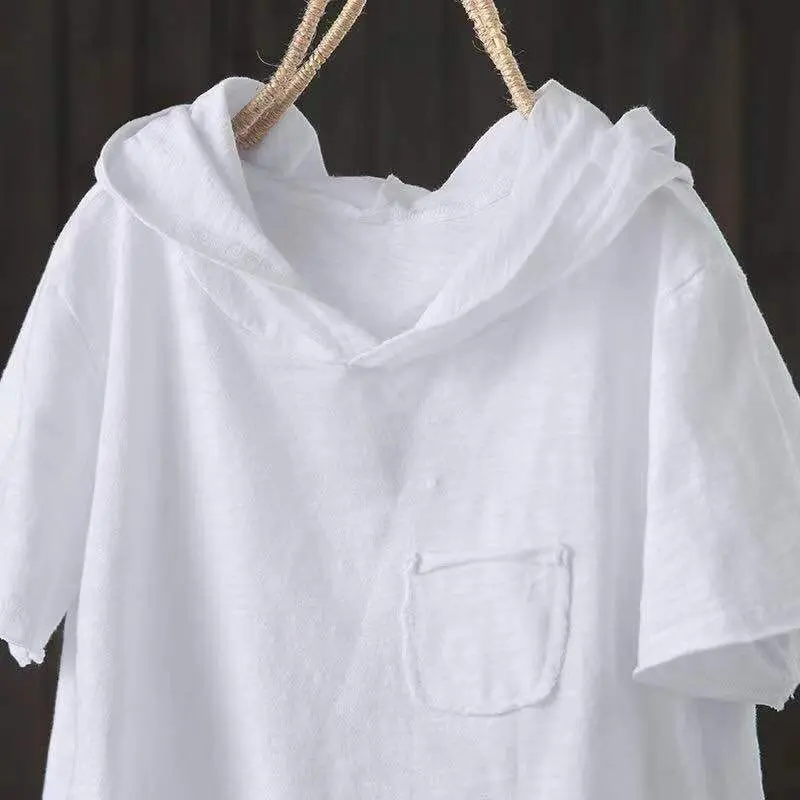 Áo Thun Có Mũ Trùm Đầu, 100% Cotton Chính Hãng, Dành Cho Nữ, Dáng Rộng Vừa Vặn, Tay Ngắn, Thiết Kế Rách Nghệ Thuật, Áo Đi Chơi Hàng Mới Về Mùa Hè Năm 2024, Làm Bằng Cotton Nguyên Chất