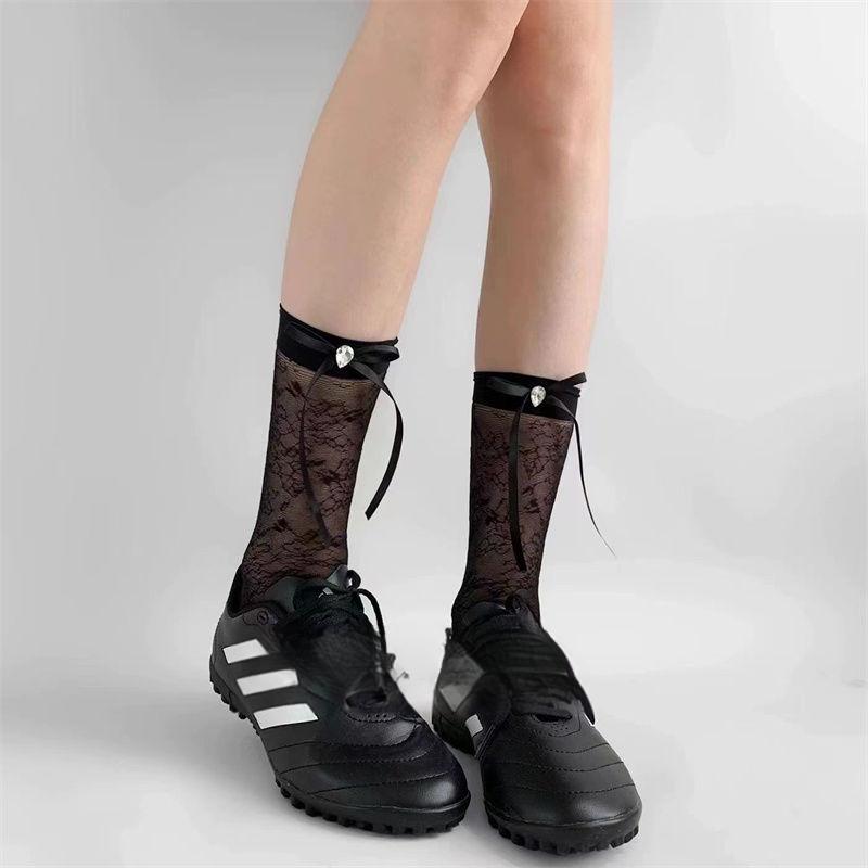 Product Introduction of New thin socks, summer ballet style, thin and versatile, rhinestone bow stockings, lace socks 4