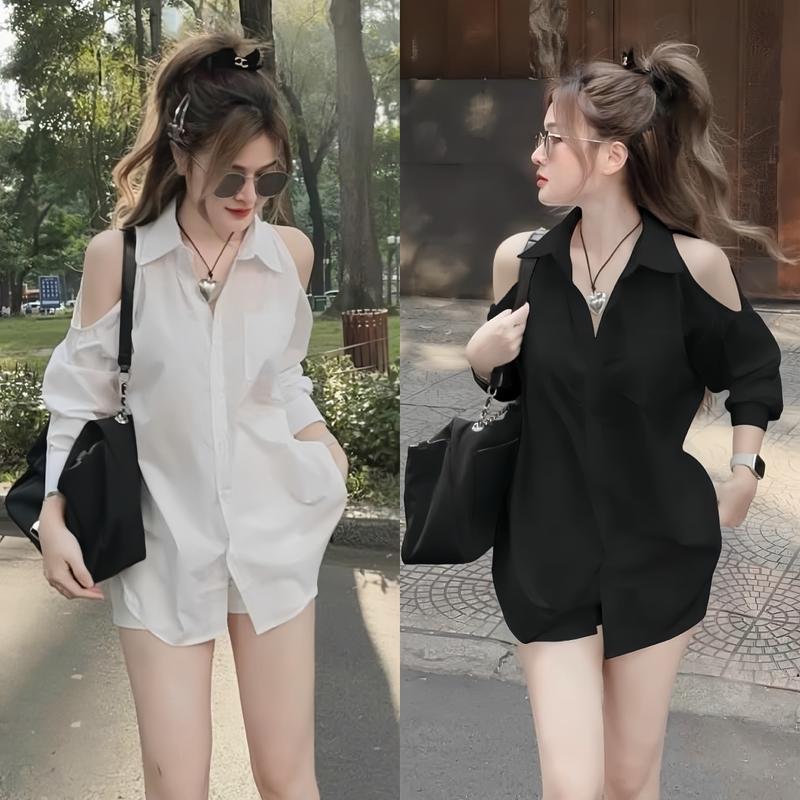 Set đồ nữ áo sơ mi xẻ vai kèm quần đùi cotton lạnh xinh xắn dành cho các nàng diện đi chơi. Top Women