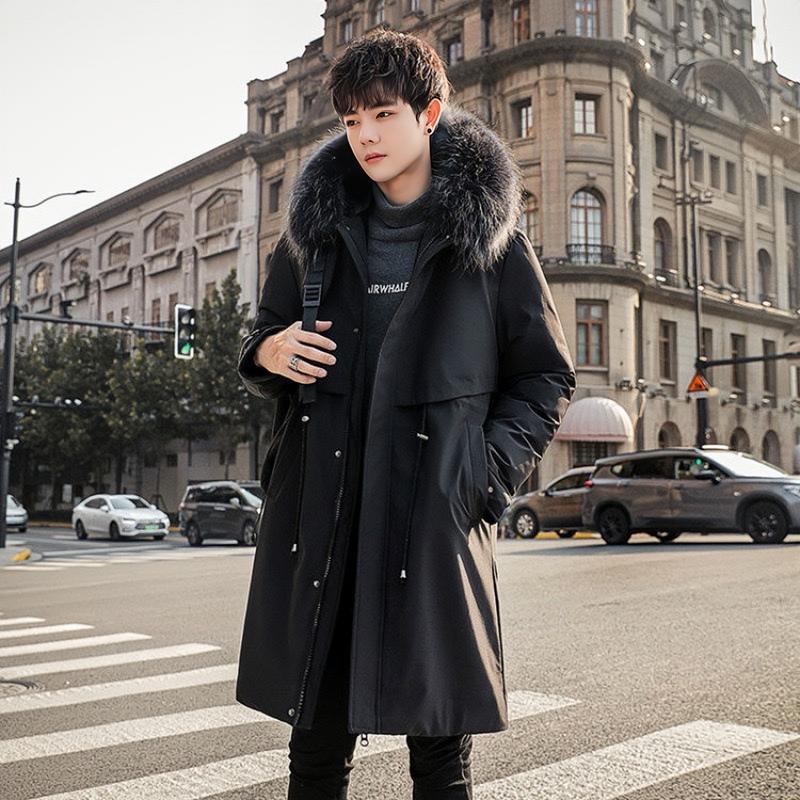 Áo khoác parka nam dáng dài lót lông, áo phao nam đại hàn mũ lông phong cách hàn quốc AP06 Menswear Dài Tay Kaki Kem Đen