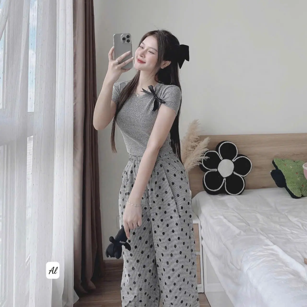 Sét áo thun tăm lạnh quần dày chấm bi lai viền ren