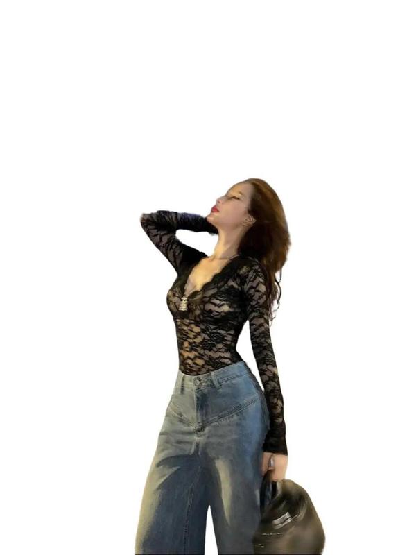 ÁO REn Lưới Họa Tiết Cổ V Khoét SEXY Dài Tay Dáng Ôm Body Siêu ĐẸP