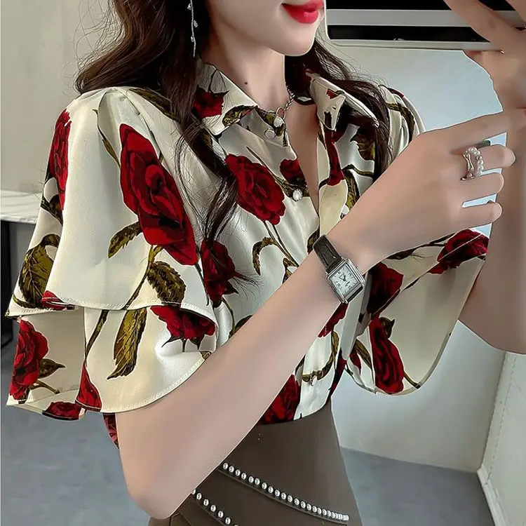 Áo Voan Ngắn Tay, Dáng Rộng Vừa Vặn, Thanh Lịch, In Hoa Hồng Cổ Điển Dành Cho Nữ, Phong Cách Pháp Xếp Nhún, Áo Cao Cấp, Thích Hợp Cho Mùa Hè, Áo Sơ Mi Nữ