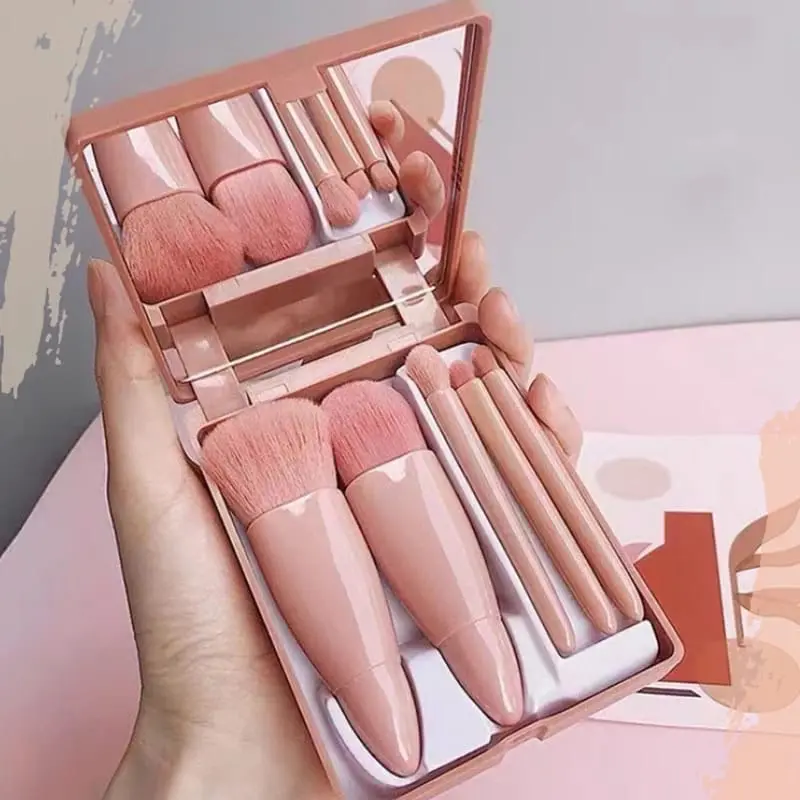 Kuas Make Up Brush isi 5 in 1 Set Box Cermin Kuas Powder Foundation Beauty Tools mini portable travel set 0
