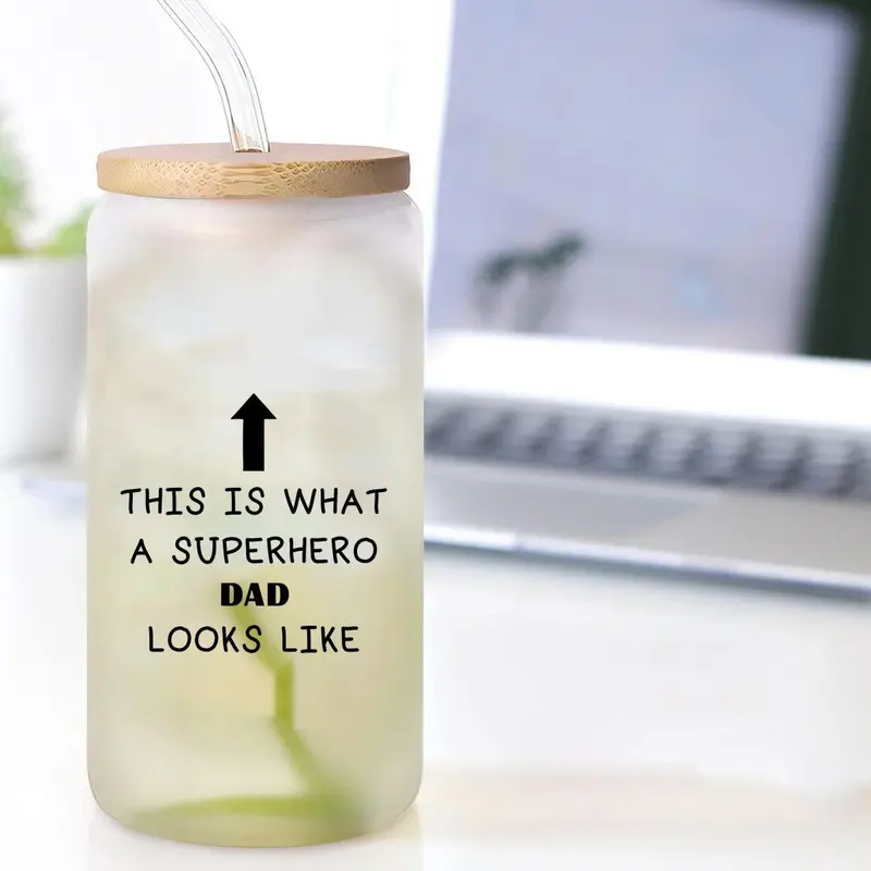 16oz Glass Cup with Straw & Brush, 1 Count Letter Pattern Glass Cup, Drinking Cup for Home Office Use, Gift for Father's Day, Drinkware 2