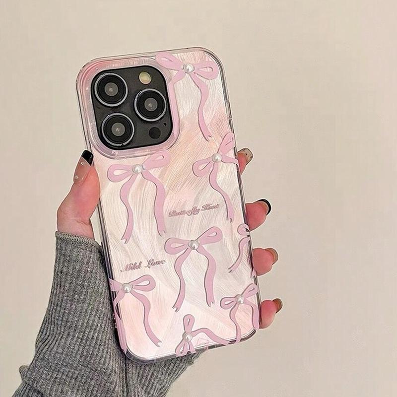 Bowknot Pattern Phone Case, Faux Pearl Decorative Anti-fall Phone Protector Cover Compatible With iPhone 11 12 13 14 15 Pro Max Series, Gift, Smartphone, Protective 2