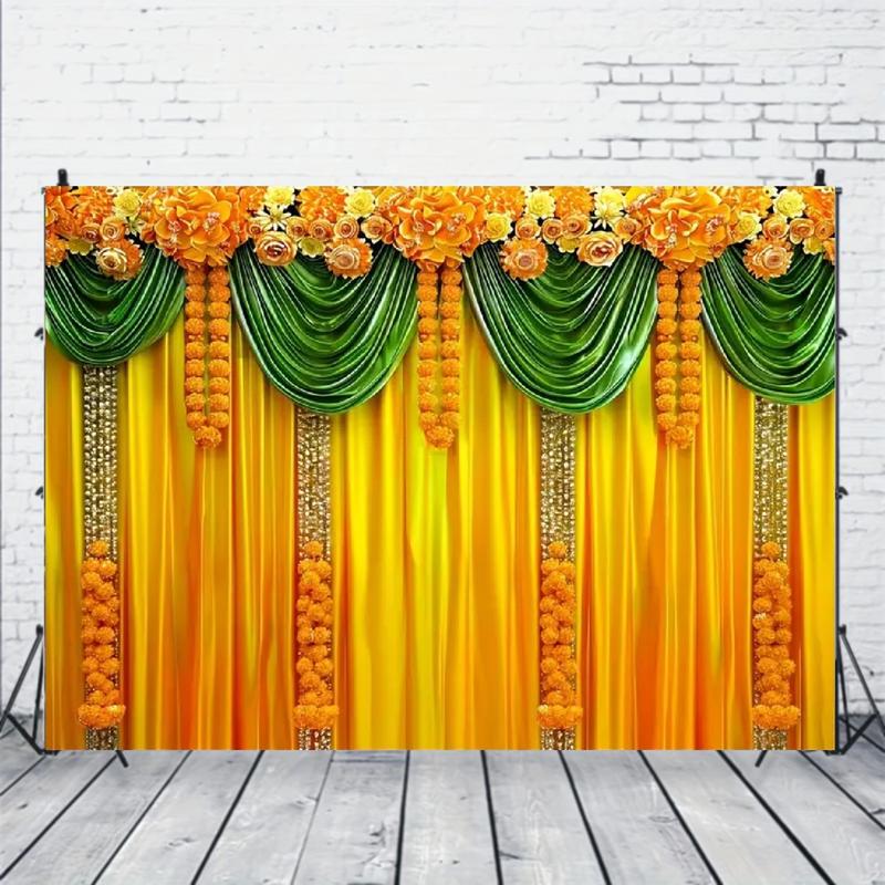 Product Introduction of 1pc Traditional Indian Marigold & Chrysanthemum Vinyl Backdrop - 5x3ft/5x7ft, Yellow & Green Curtain Design - For Hindu Weddings, Parties, Diwali Decorations - Perfect for Festive Celebrations & Events 1