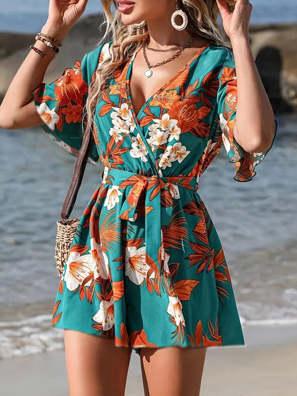Women's Plants Print Belted Romper, Casual Short Sleeve Wide Leg Romper for Summer, Fashion Women's Clothes for Beach Holiday, Womenswear 3