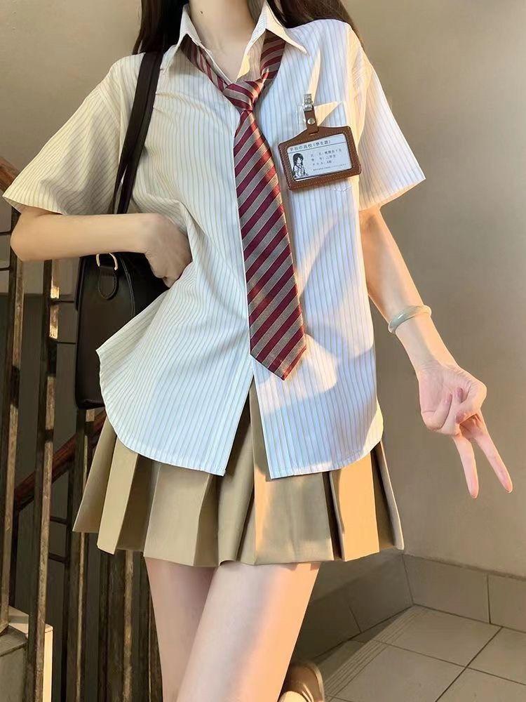 Product Introduction of Three-Piece Summer New Japanese College JK Striped Shirt Short Sleeve Student All-Matching Pleated Skirt Anti-Aging Outfits 27