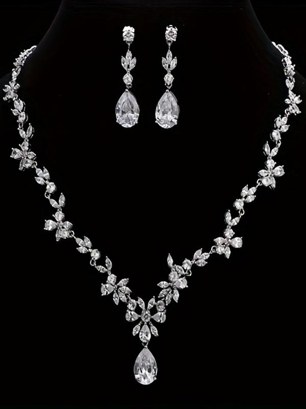 Elegant Water Drop Shaped Zircon Decorated Jewelry Set, Exquisite Trendy Necklace & Dangle Earrings, Chic Jewelry Set for Party & Wedding Decor 0