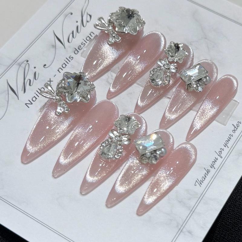 N193 bộ 10 chiếc nails box thiết kế thủ công mắt mèo thạch hồng gắn chamr đính đá sang trọng lấp lánh làm nails nữ