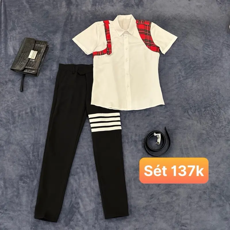 sét quần tây âu 4 sọc trắng+ áo sơ mi boy phố hàng cao cấp Menswear