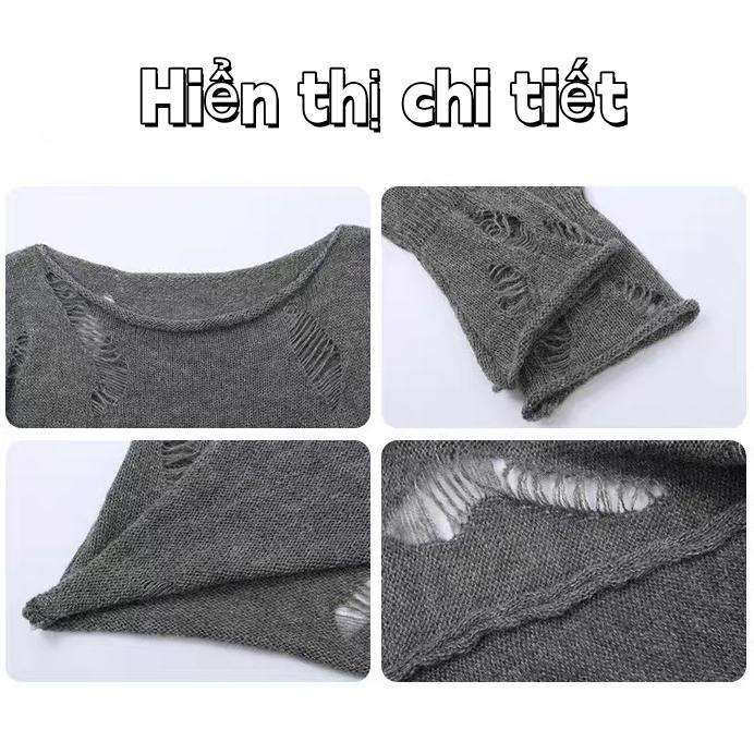 Áo Dệt Kim Mỏng Dáng Rộng Màu Xám Kiểu Mới Cho Nữ ，Áo Thun Dệt Kimphong cách phong cách Wasteland cổ điển Lỗ vỡ 56145 5