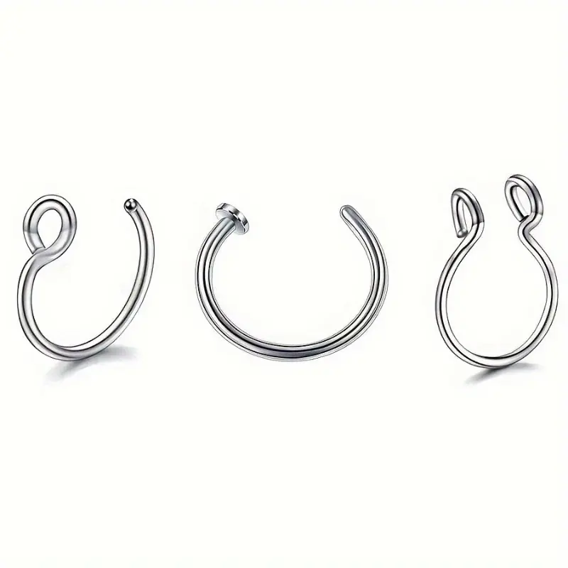 [3pcs Hypoallergenic Nose Rings Set] 3pcs Set Stainless Steel Rings, Unisex Non-Piercing Body Jewelry, Simple Style, C-Shaped Clip Hoops, Piercing Alternatives jewelry 4