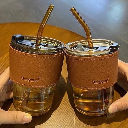 Cốc Thủy Tinh 450ML Bọc Da Cao Cấp Tặng Kèm Nắp Đậy Và Ống Hút 1