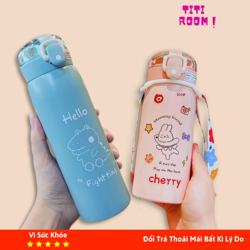 Bình đựng nước giữ nhiệt thép không gỉ INOX 304 dễ thương dung tích 500ml Ly Cốc giữ nhiệt có ống hút kèm dây +sticker