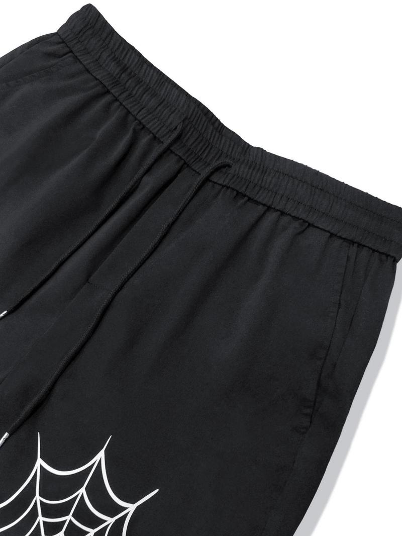 Product Introduction of Men's Loose Spider Web Print Drawstring Waist Straight Leg Pants, Casual Street Pocket Trousers for Daily Wear, Fashion Men's Bottoms for All Seasons, National Day Clothing 16