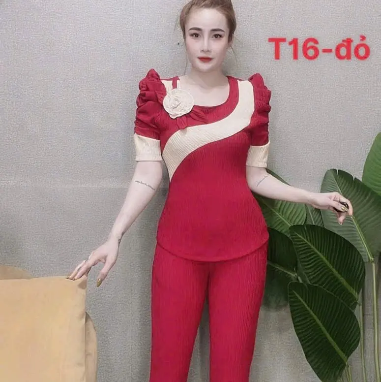 Set bộ quần dài tay ngắn phối sọc gắn hoa ở trước chất vải thun xốp nhật co giãn nhẹ Nữ 7