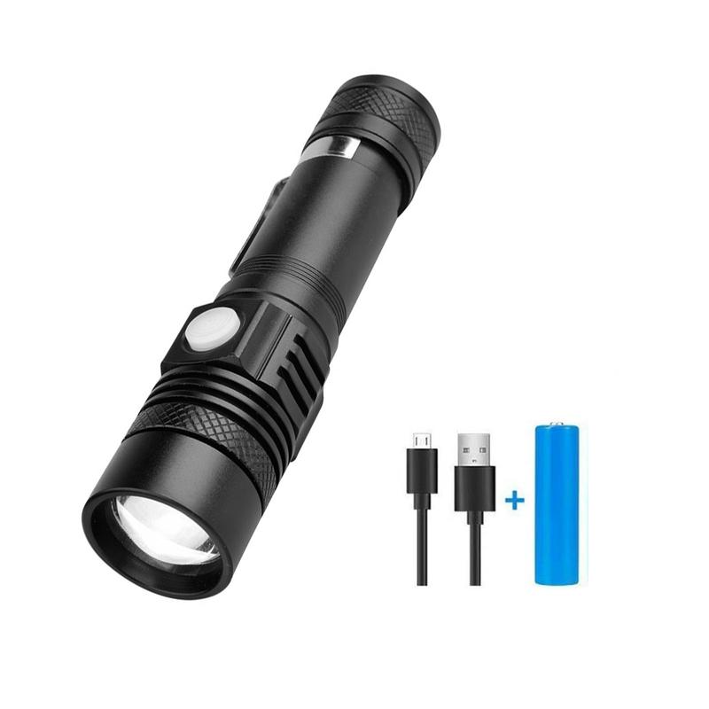 Product Introduction of Ultra Bright T6 LED Flashlight XP-L LED Lamp Beads Waterproof Torch Zoomable 4 Lighting Modes 18650 Battery USB Charging 56