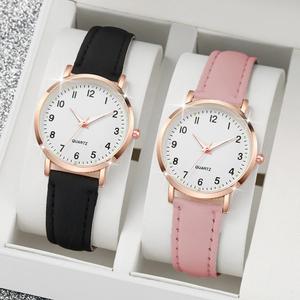 2pcs Women Quartz Watch Round Dial Simple Watches Cute Girl Wristatches