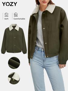 YOZY Women's Patchwork Button Front Zip Up Drop Shoulder Jacket, Casual Long Sleeve Pocket Ribbed Collared Outerwear for Fall & Winter, Ladies Clothes for Daily Wear