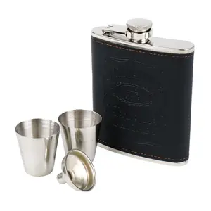 BOTOL BIR HIP FLASK STAINLESS STEEL LEATHER DENGAN SHOT GLASS 7OZ