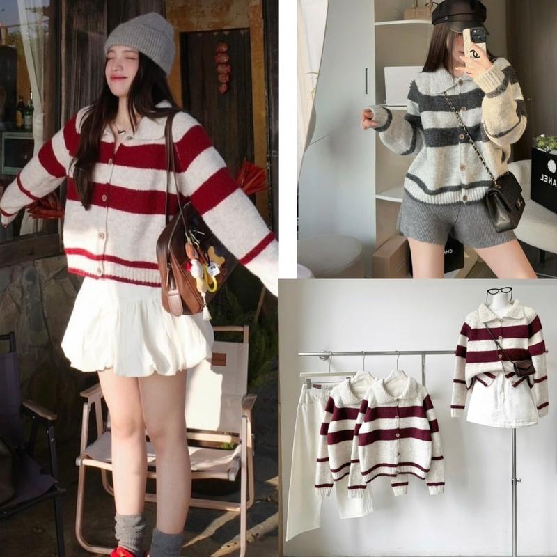 ￼[NEW]Áo len cardigan lông cổ bẻ kẻ đỏ/kẻ xám diện noel,Tết cúc gỗ chất dày dặn siêu xinh hàng QC