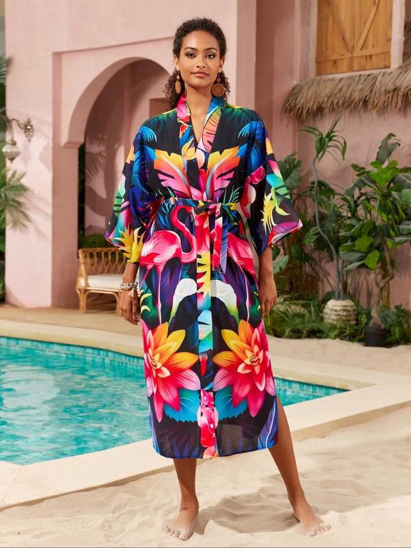 [Plus Size] Peacock & Floral Print Belted Wrap Kimono Cardigan, Casual Boho Three Quarter Length Sleeve Split Hem Kimono Cardigan, Women's Summer Swimwear for Beach Holiday Vacation 7