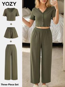 YOZY Three-Piece Set Women's Solid Button Front Top & Wide Leg Pants & Shorts Set, Casual Fashion Cozy Three-piece Set for Daily Outdoor Wear, Ladies Summer Clothes