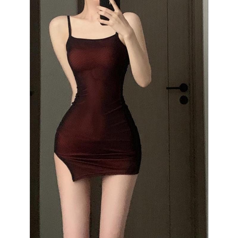 Váy Hai Dây Spaghetti Lưới Bó Sát Eo, Hàng Mới Về Mùa Hè, Váy bodycon Co Giãn Cho Nữ, Váy Dễ Phối Đồ Châu Âu Và Mỹ Dress Đỏ 2