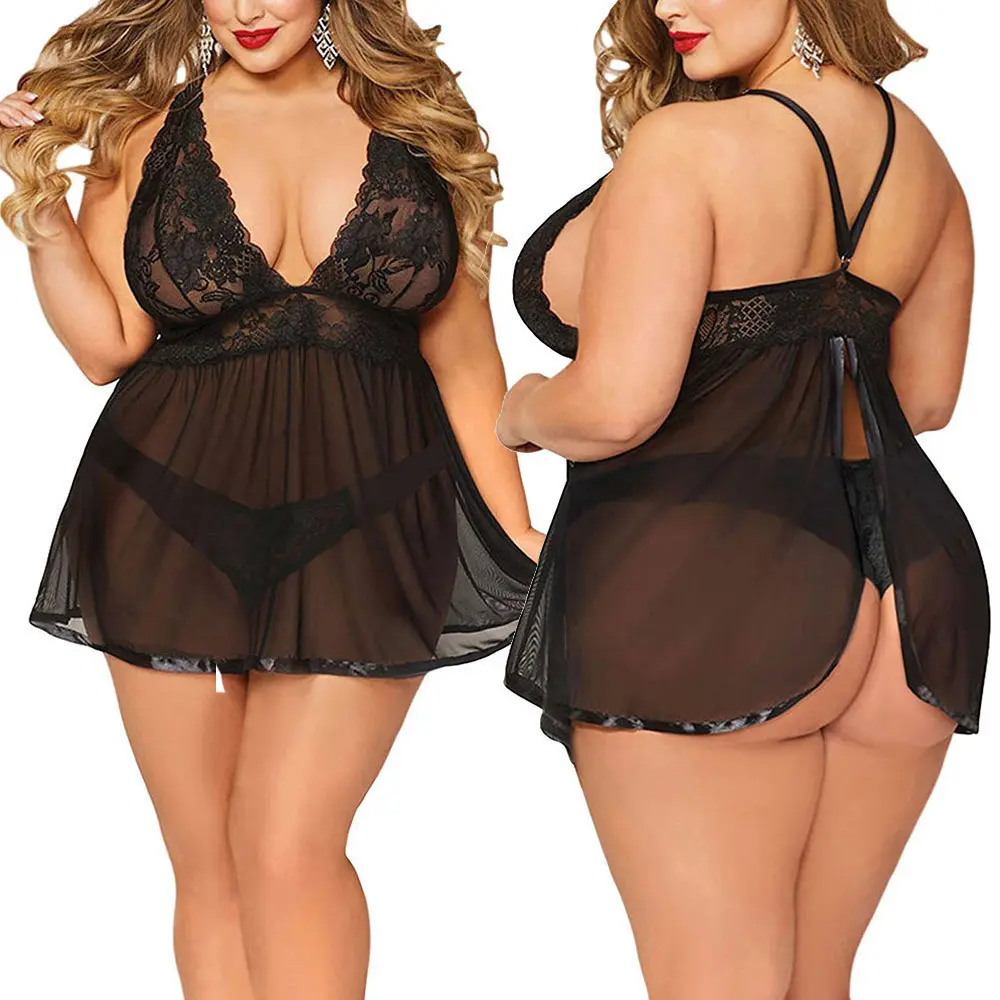 Plus Size Lace Sexy Strap Nightdress Lingerie W291 Womenswear Comfort Black