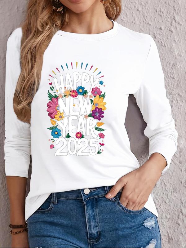 Women's Floral & Letter Print Round Neck Tee, Casual Long Sleeve Crew Neck T-Shirt for Spring & Fall, Fashion Women's Top for Daily Wear 3