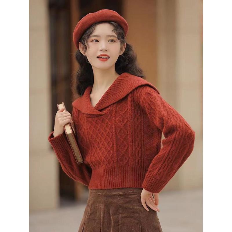 Áo Len Cổ Peter Pan, Phong Cách Cổ Điển Phong Cách Lười Biếng, Ve Áo Lớn, Áo Ngắn Nhỏ Dành Cho Nữ, Mùa Thu / Đông 2024 Hàng Mới Về Women Top 1