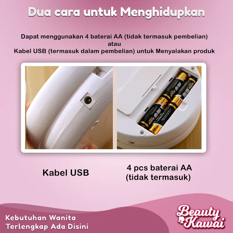Cermin Bulat Lipat Kaca Rias LED 2 Sisi Ganda Putar USB Cas 3