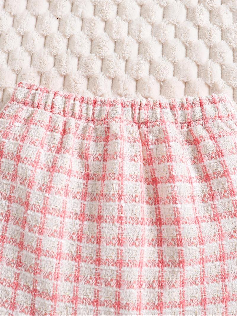 Product Introduction of Two-piece Set Toddler Girl's Plaid Button Front Outerwear & Skirt Set, Elegant Long Sleeve Round Neck Knit Top & High Waist Skirt, Kids Spring & Fall Clothes 7