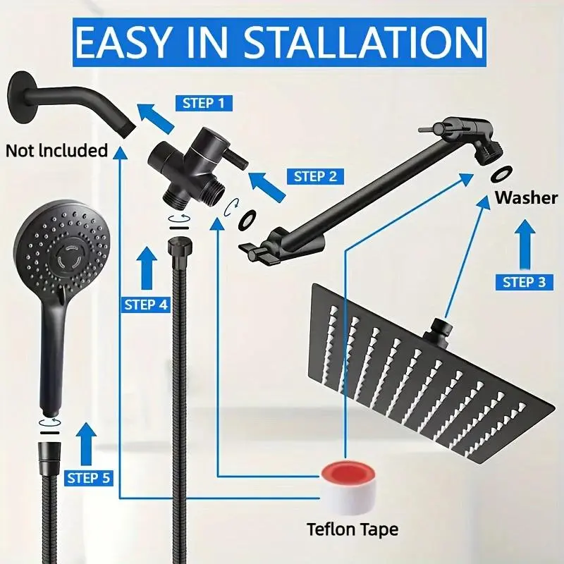 Rain Shower Head Set, High Pressure Rain Shower Head with Adjustable Extension Arm & Handheld Shower Head, Bathroom Shower System 4