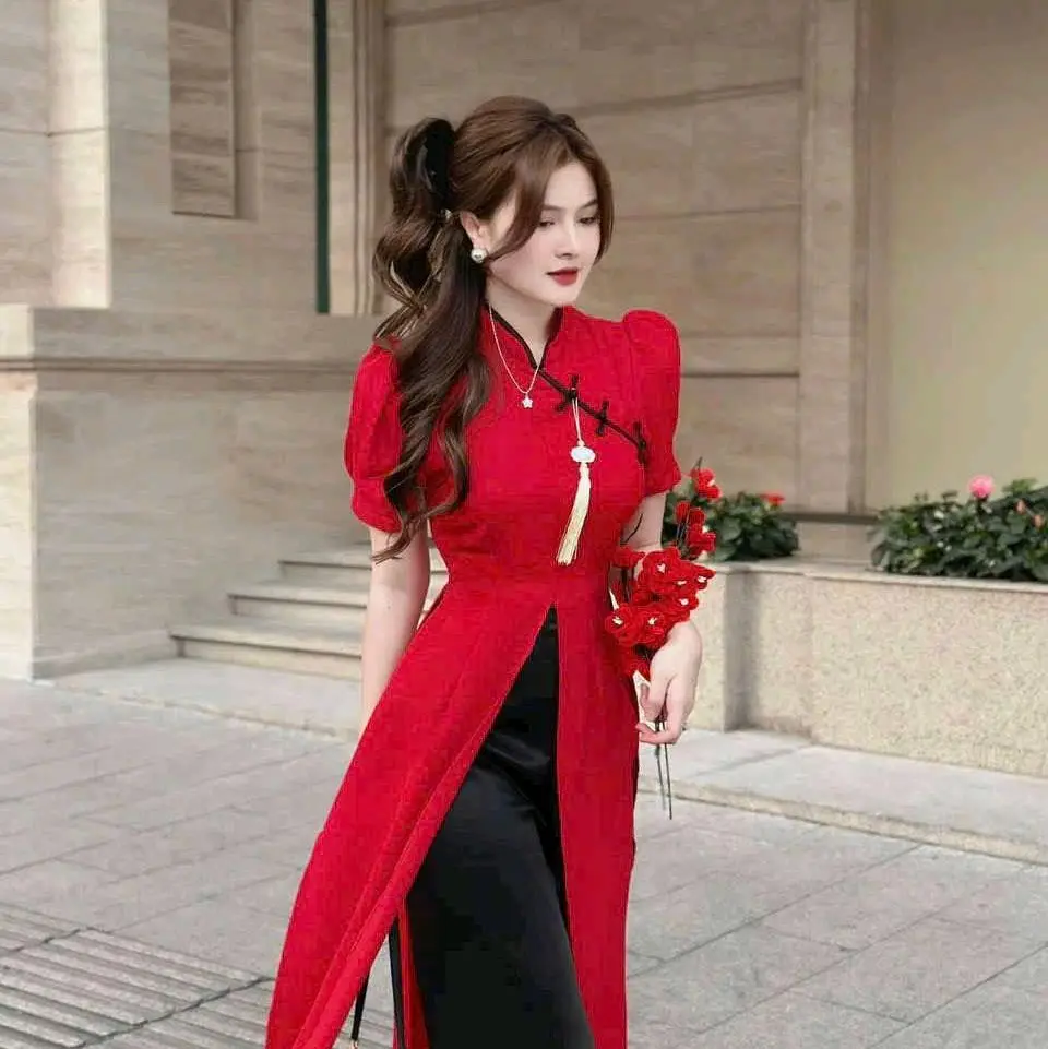 set áo dài cách tân xẻ tà đỏ