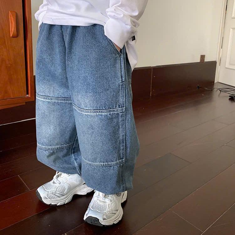 Quần kaki/jean dài ống rộng, quần jean túi hộp bo gấu phong cách vintage cho bé trai và bé gái_D28