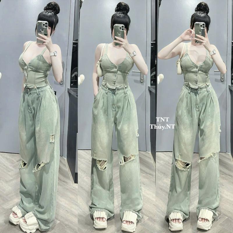 Bộ Jean Áo Ngắn Hai Dây Cổ Xẻ Kèm Quần Dài Rách Cá Tính Tôn Dáng 1
