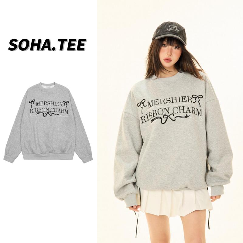 XẢ KHO CẮT MẪU ÁO SWEATER NỈ 2 DA ÁO SWEATER MÀU XÁM TÀN DÀI TAY FORM RỘNG BIGSIZE ÁO SWEATER CẶP NAM NỮ IN CHỮ RIBBON CHARM áo hoodie nữ không mũ