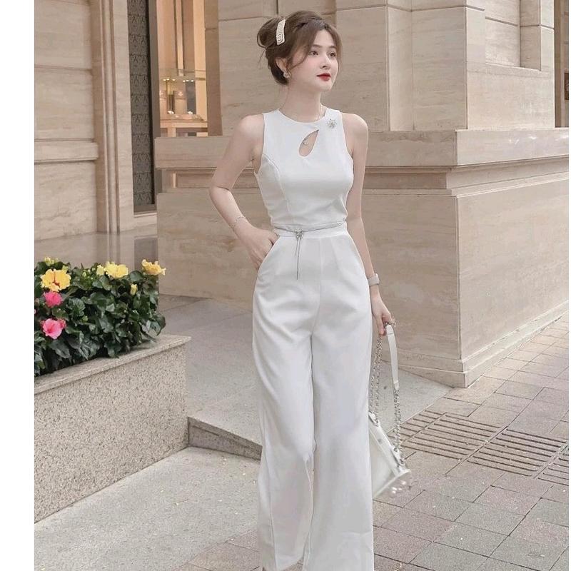 Jumpsuit cotton lạnh thời trang nữ, jump cổ tròn tay sát nách khoét giọt nước kèm phụ kiện trước có mút ngực ống dài suông rộng mặc đi dự tiệc sang trọng Women