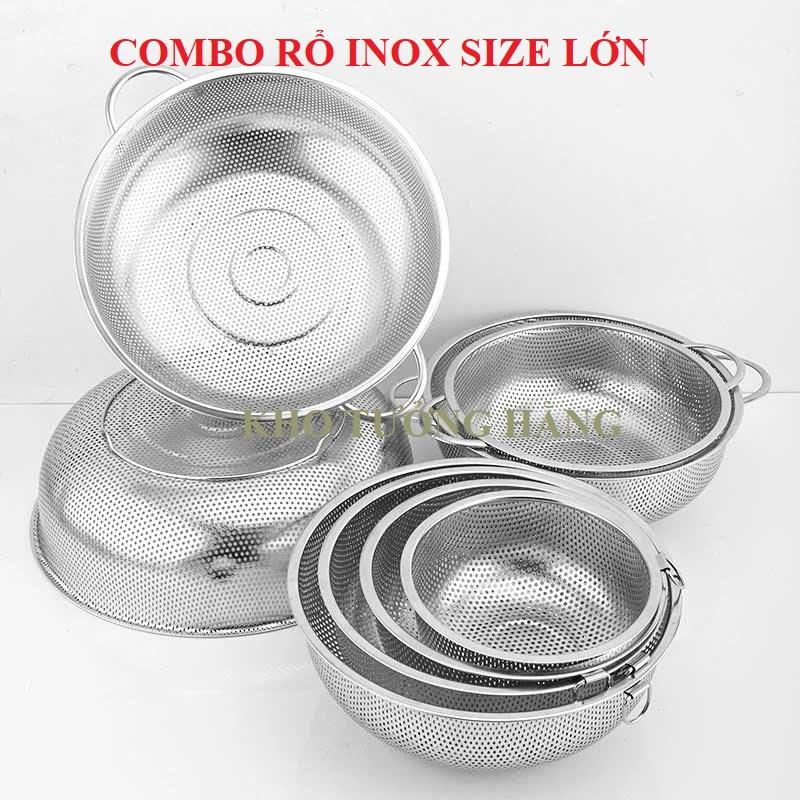  SÉT Rổ Inox 304 Dày Đa Năng 2 Quoai Có Chân Ráo Nước Cỡ Lớn Mắt Lưới 2mm dùng vo gạo đựng rau củ thịt cá 