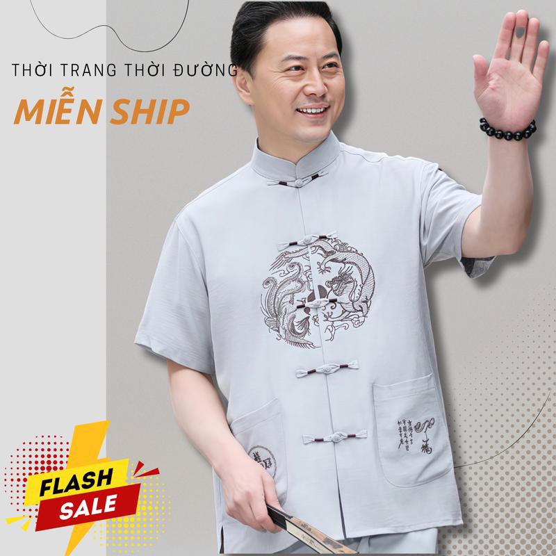 Sét bộ đồ trung niên nam Bộ đồ tàu hoa văn thêu Rồng Phượng dành cho bố Sét bộ đũi nam cộc tay trung niên Áo Menswear bomac dichua set đồ set đồ set đồ Màu Đen Nhung quần