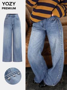 YOZY Women's Plain Pocket Design Wide Leg Jeans, Casual Comfy Button Fly Denim Trousers for Daily Wear, Ladies Bottoms for All Seasons