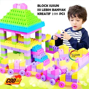 MAINAN BALOK SUSUN ANAK ISI 108 PCS SET KANTONG TAS BLOCKS BONGKAR PASANG ANAK UKURAN BESAR MAINAN Rumah